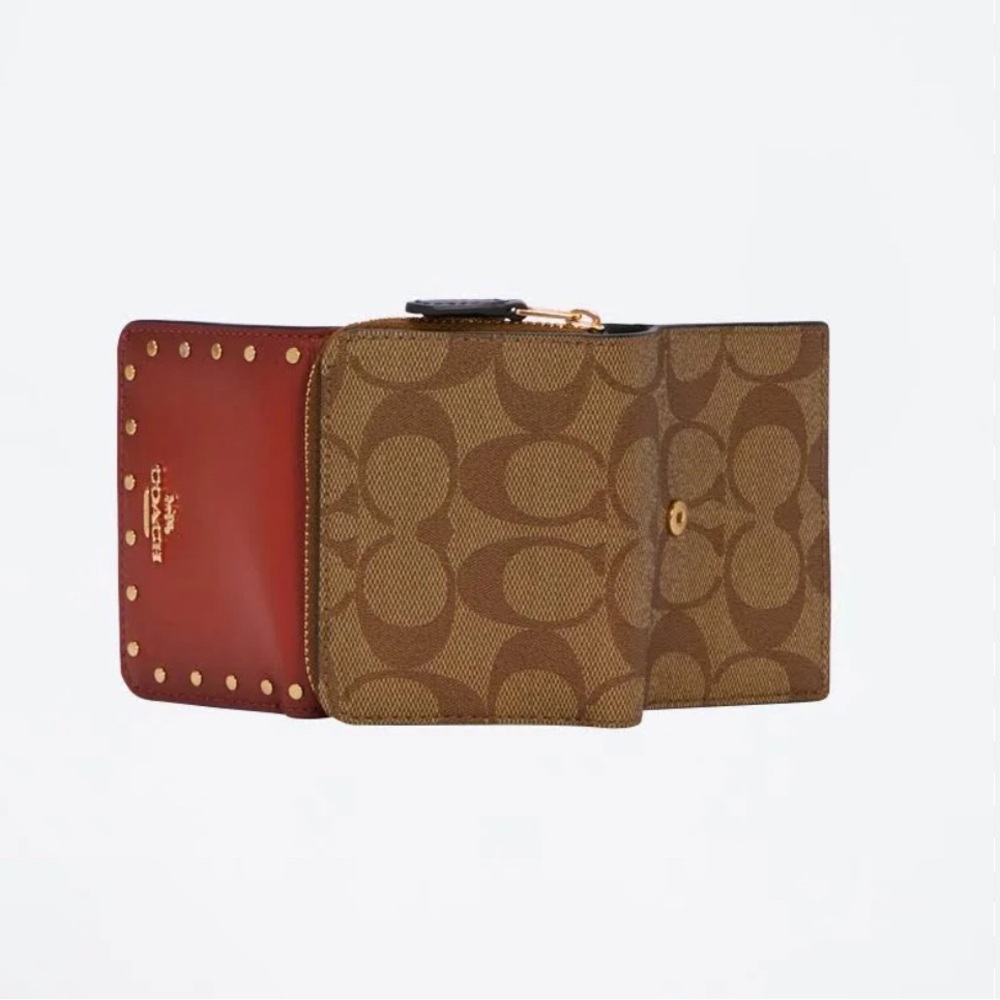 Coach Trifold Wallet In Colorblock Signature Canvas With Rivets - Picture 7 of 8